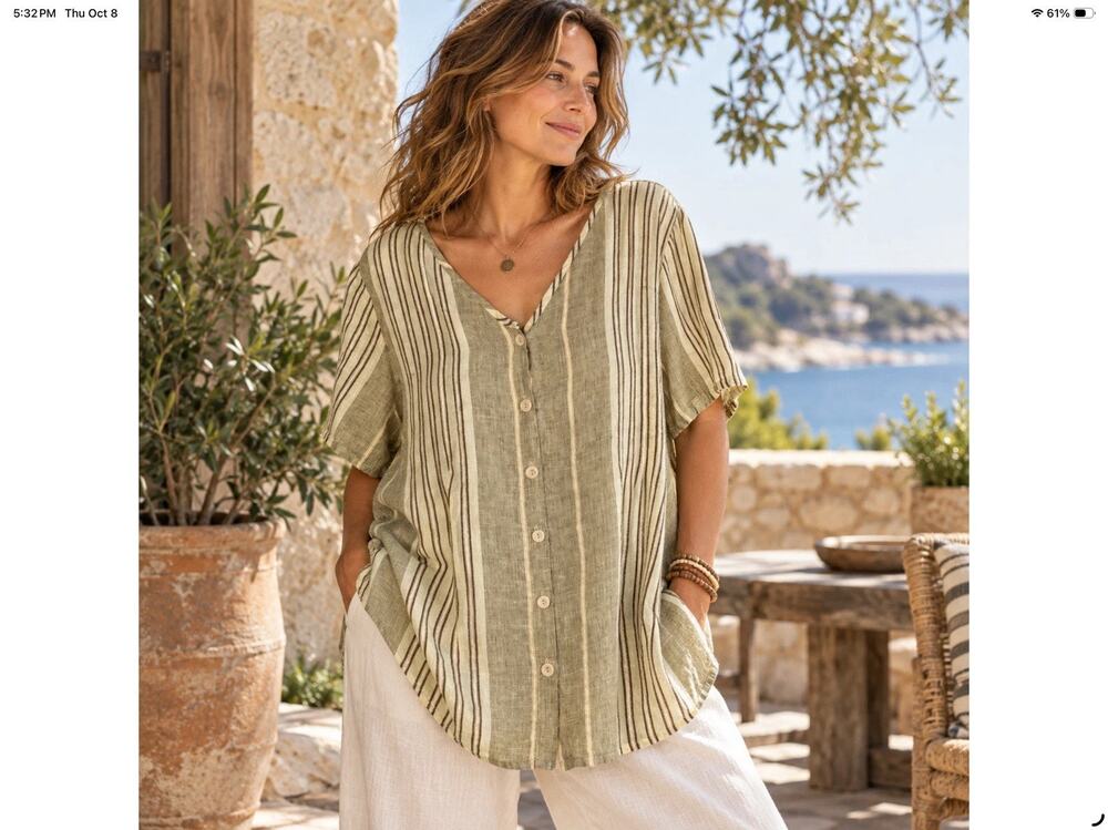 Flax Womens Linen Button Up Tunic Top XL Striped Lagenlook Coastal Oversized